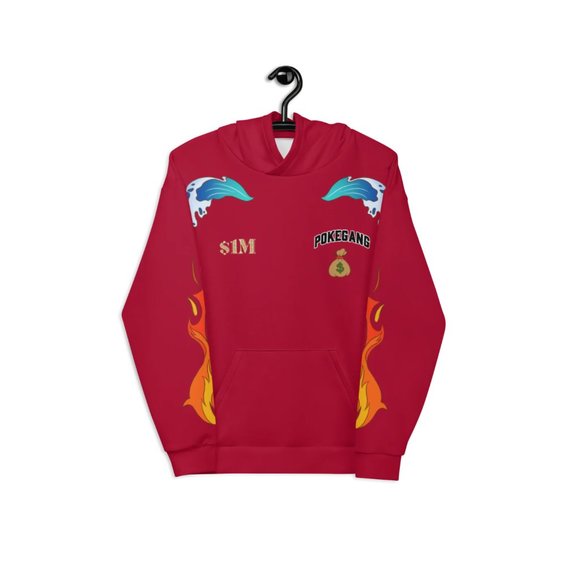 PokeGang Unisex Red Long Sleeve Side Kangaroo Pocket Pullover Soft Fleece Hoodie - Picture 2 of 8